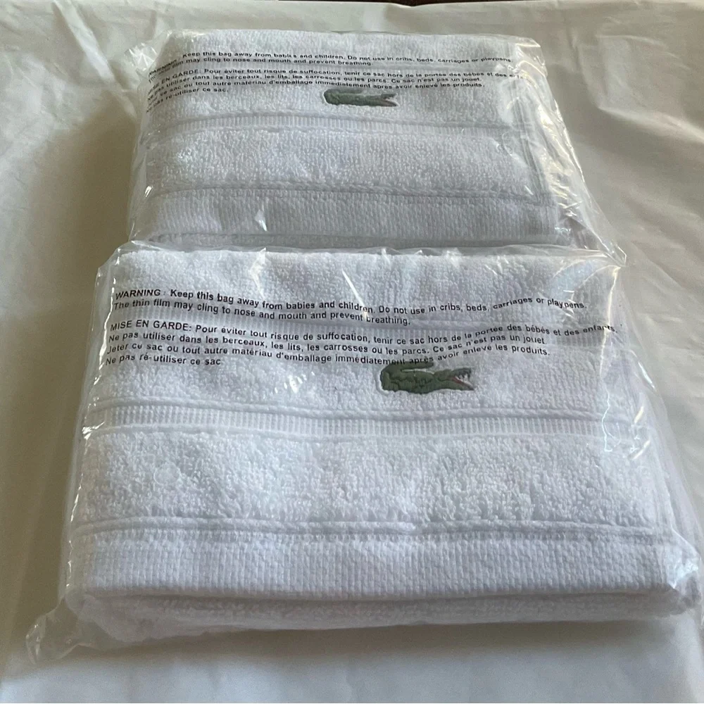 LACOSTE White 2 Hand Wash Towels 100% Cotton-New In Package